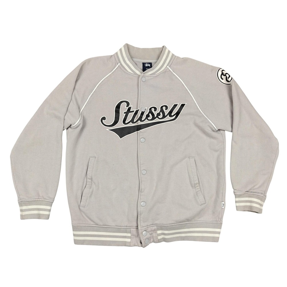 Stussy Jacket Mens Large Gray Fleece Varsity Snap Front Logo Pockets Striped